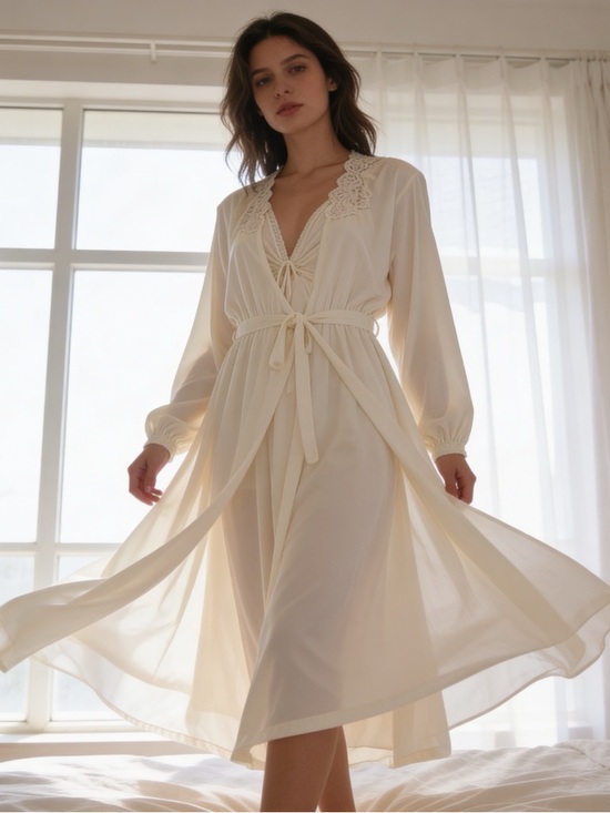 Miss Elaine Other - Vintage 70s Miss Elaine Ivory Peignoir Set Nightgown Robe ILGWU